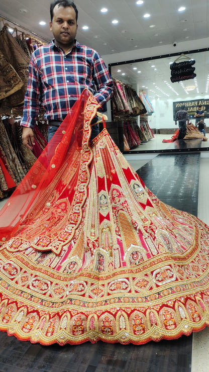 Increíble lehenga nupcial roja pesada