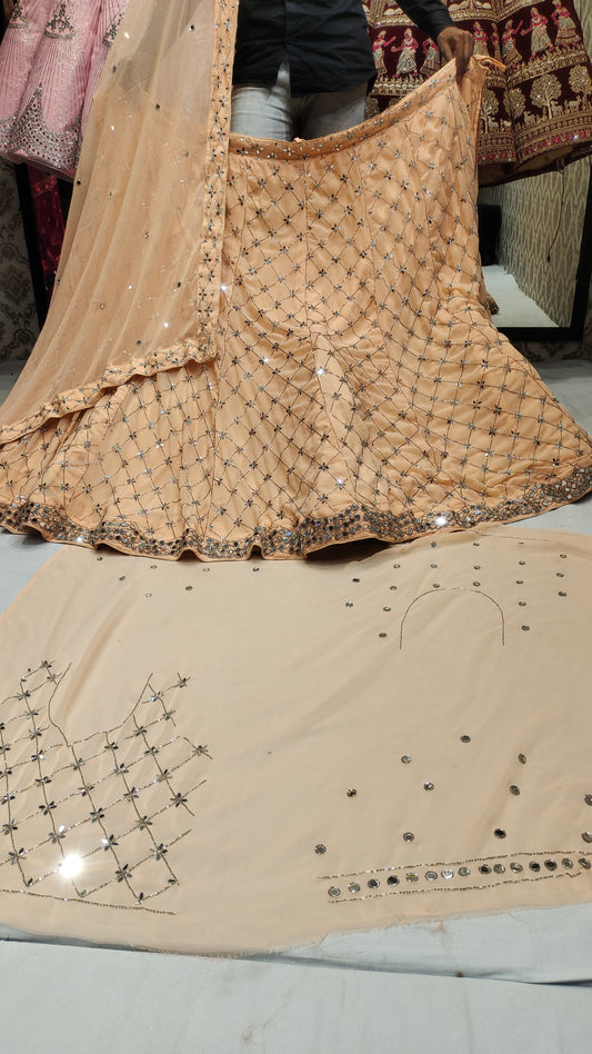 Cream white PEACH MIRROR WORK LEHENGA