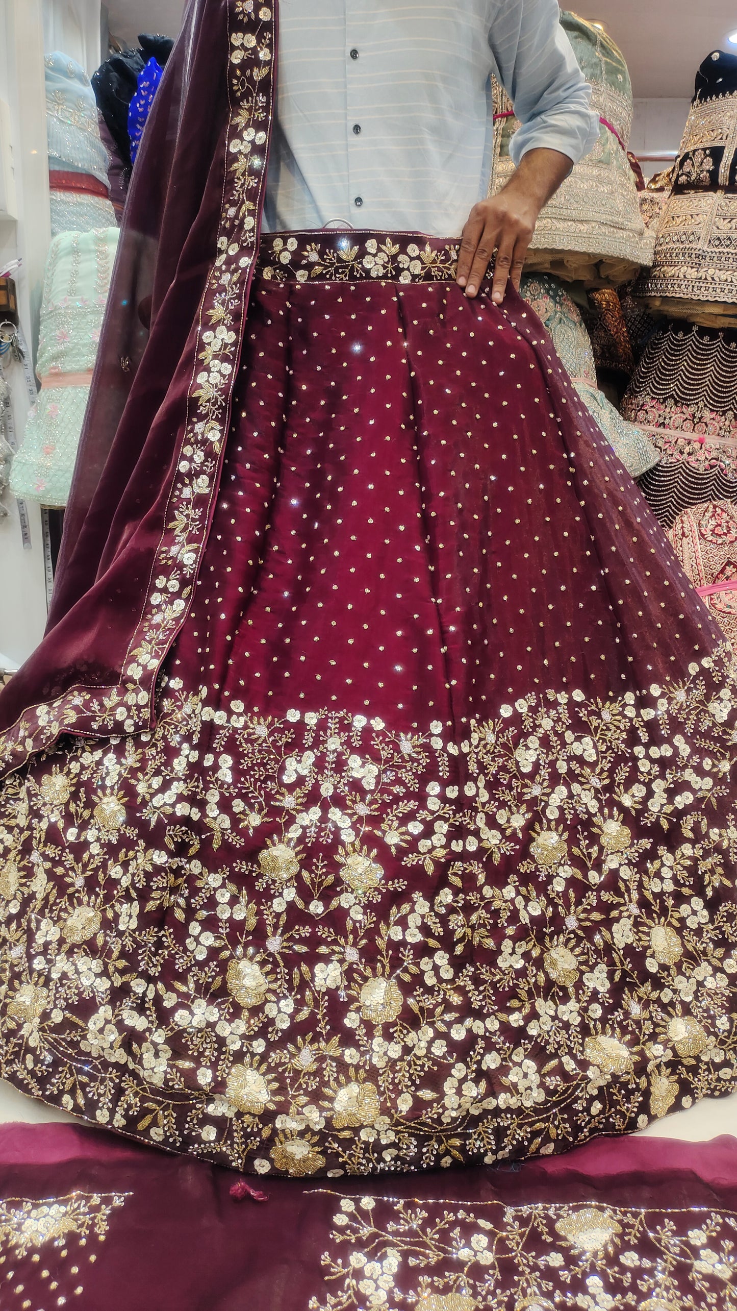 Heavy border Blouse Maroon Lehenga