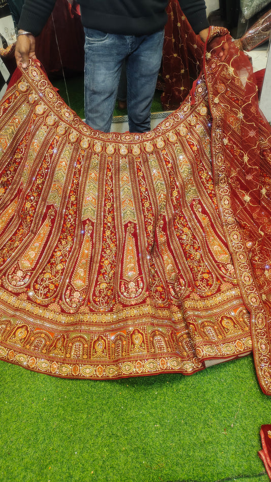 Red Double pattern bridal lehenga