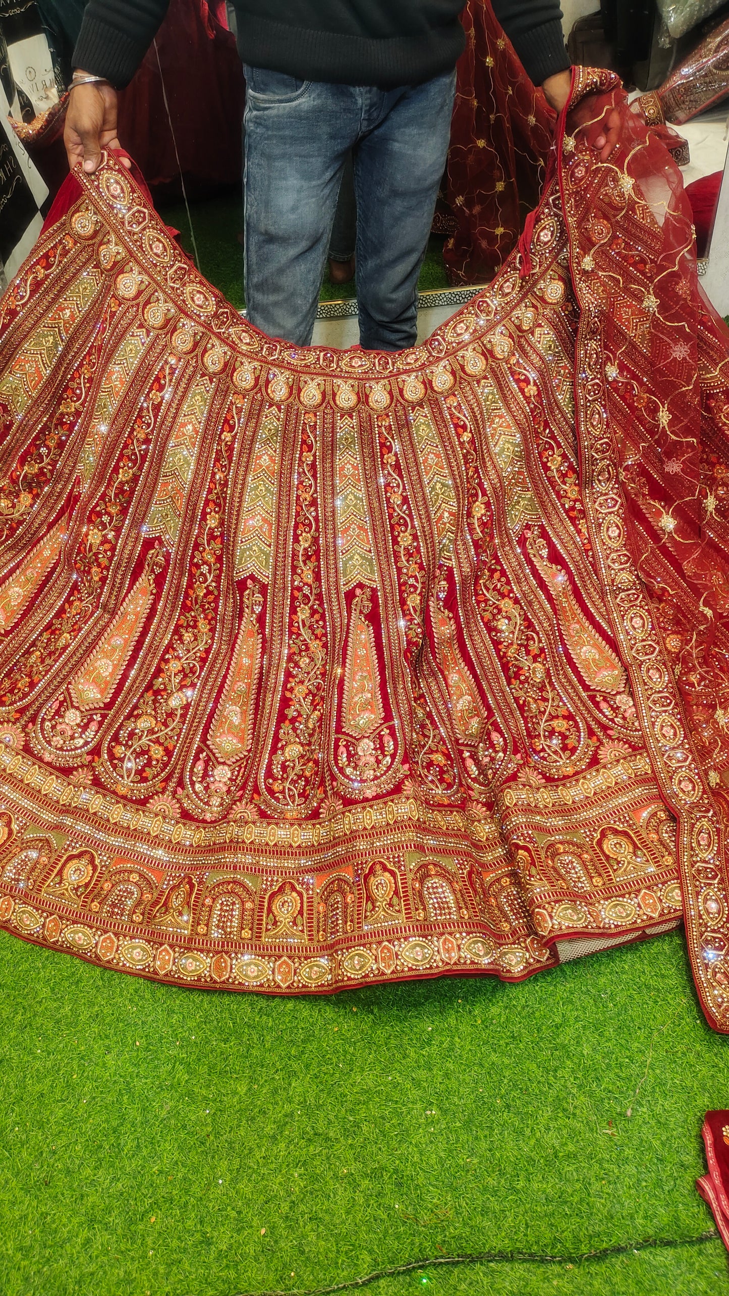 Red Double pattern bridal lehenga