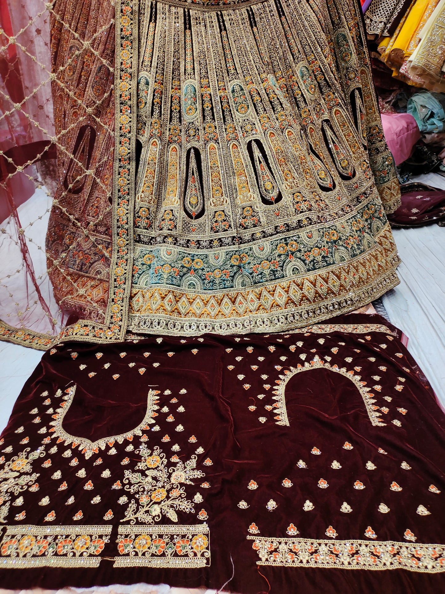 Gorgeous Mustard Maroon RAjwada sky-blue Lehenga