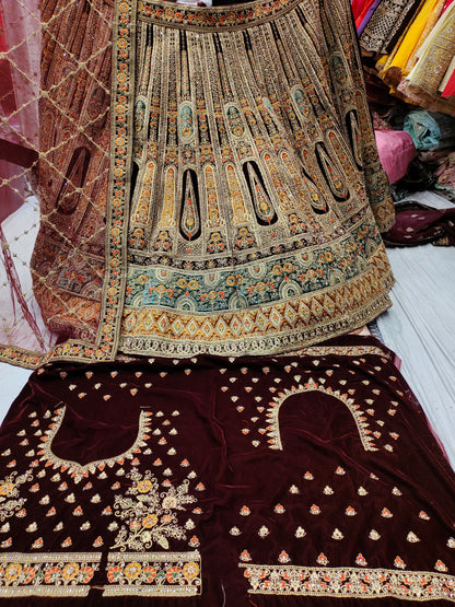 Gorgeous Mustard Maroon RAjwada sky-blue Lehenga