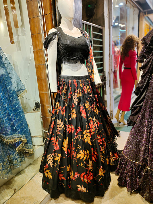 Dazzling Black Print Lehenga