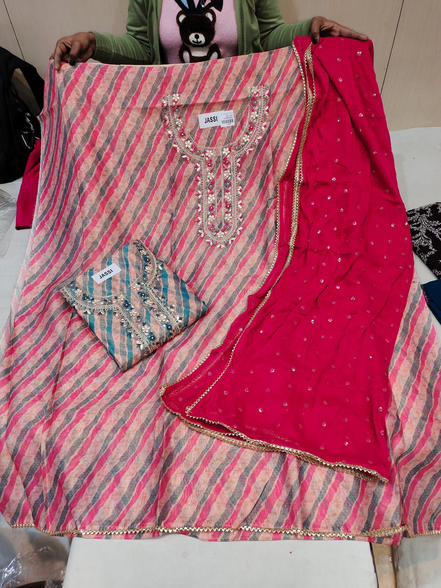 Sequence print red pink Designer Unstitched Suit