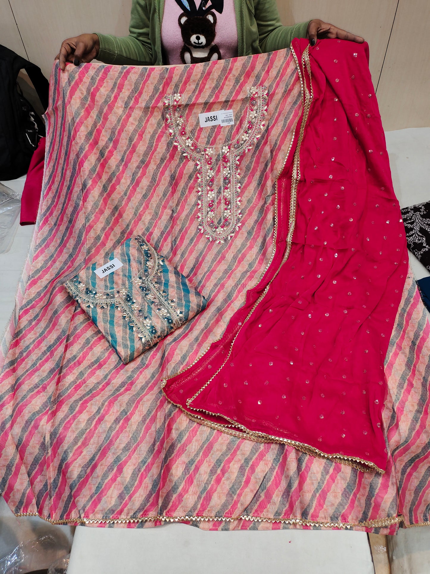 Sequence print red pink Designer Unstitched Suit