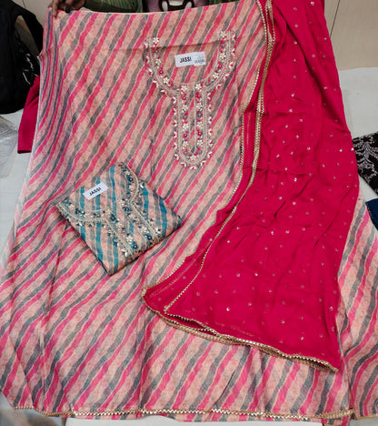 Sequence print red pink Designer Unstitched Suit