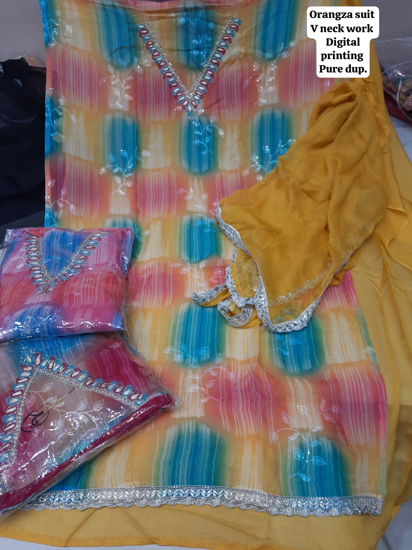 Something different yellow blue organza women suits & dress material