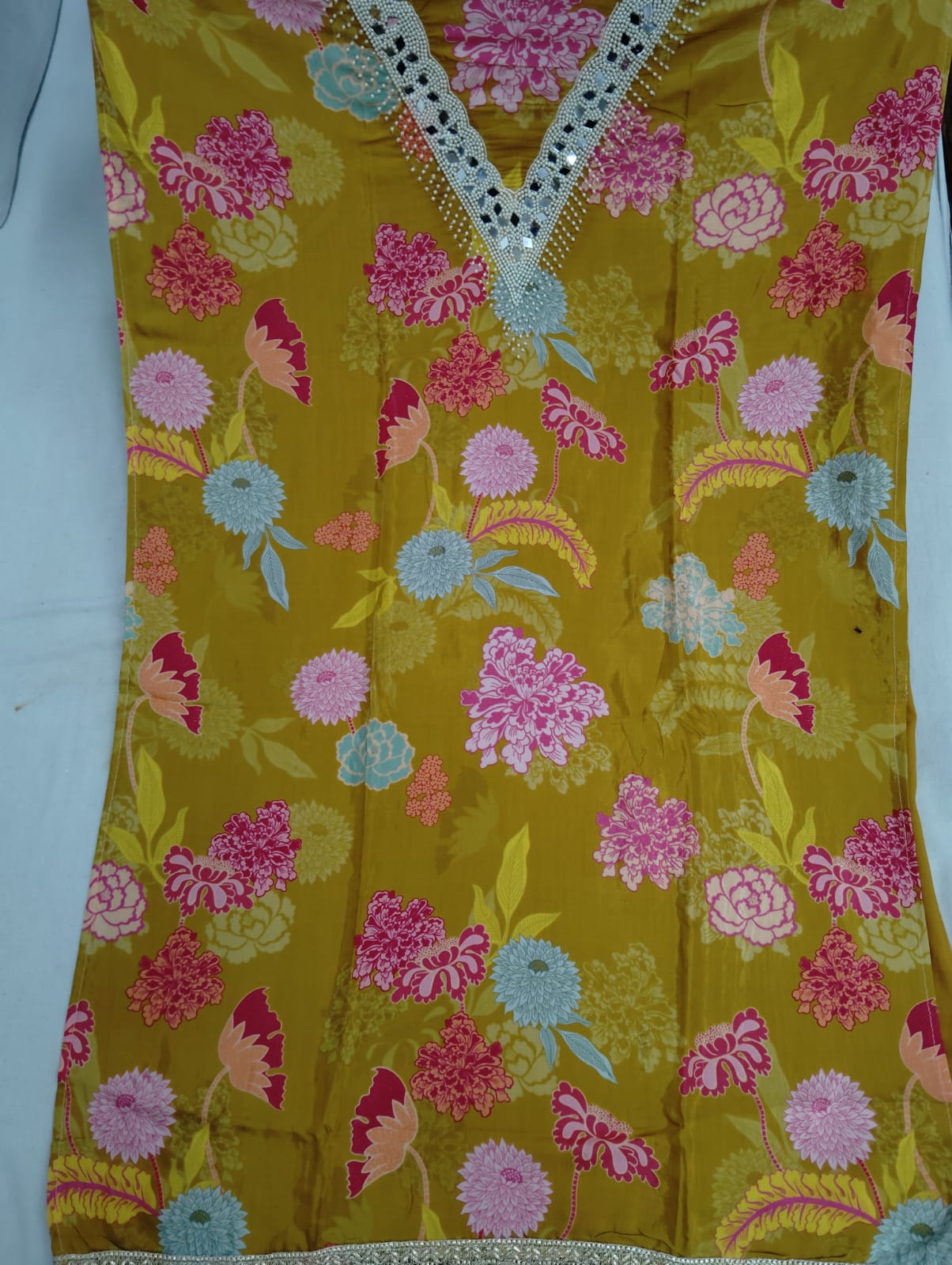 yellow floral ladies women's unstitched Salwar suits dress material (free size)