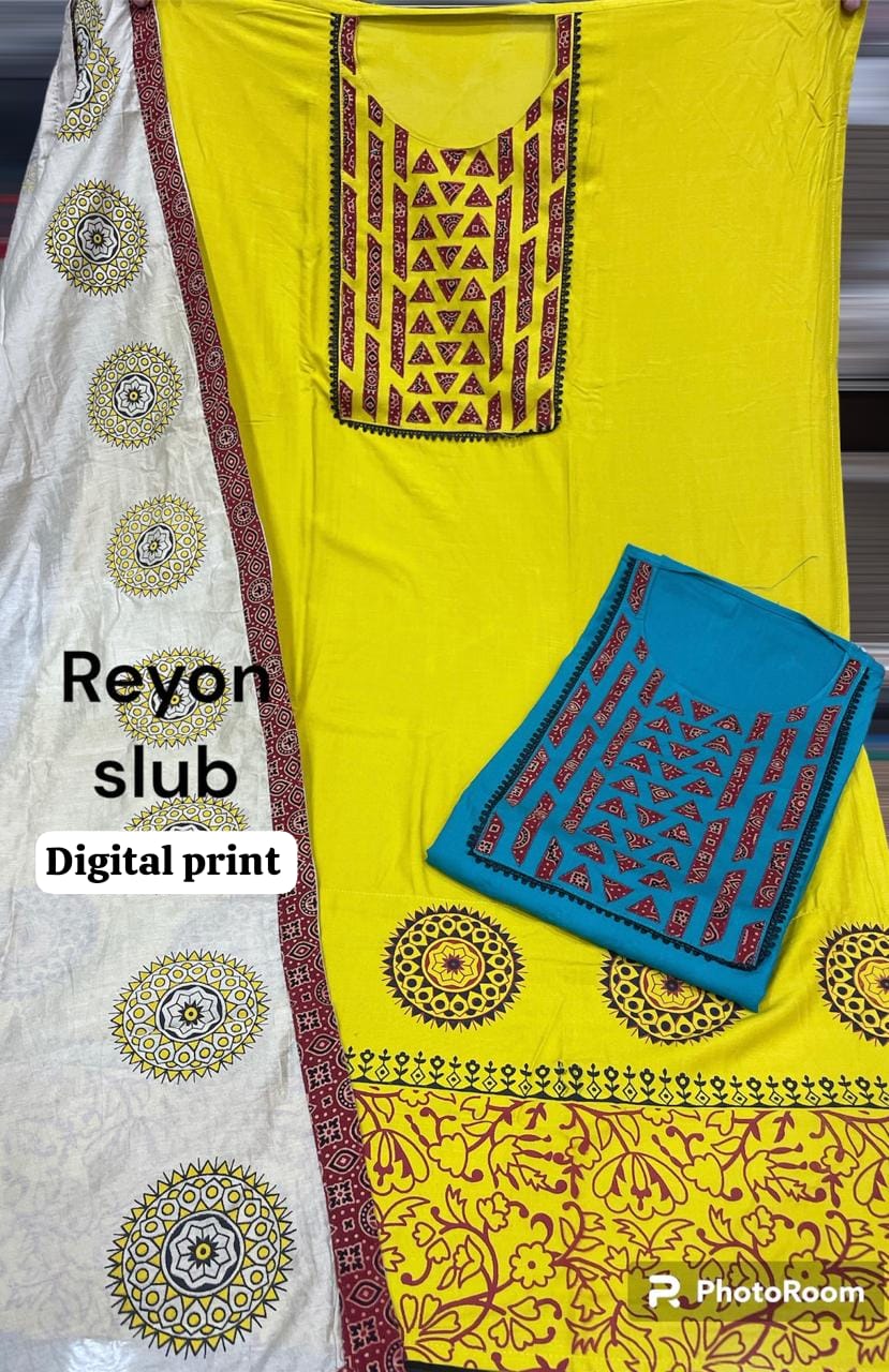 Yellow Reyon slub ladies women's unstitched Salwar suits dress material (free size)