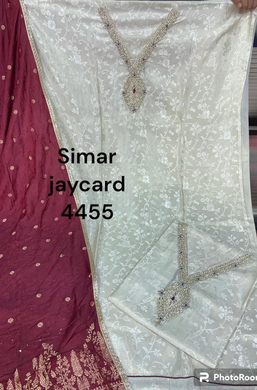 Impresionante material de vestido de traje Salwar sin coser para mujer Simar Cream (talla única)