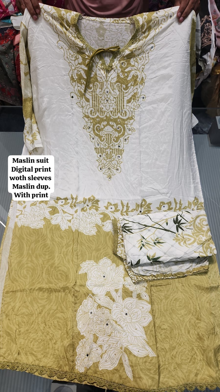 Lovely white yellow Maslin ladies women's unstitched Salwar suits dress material (free size)