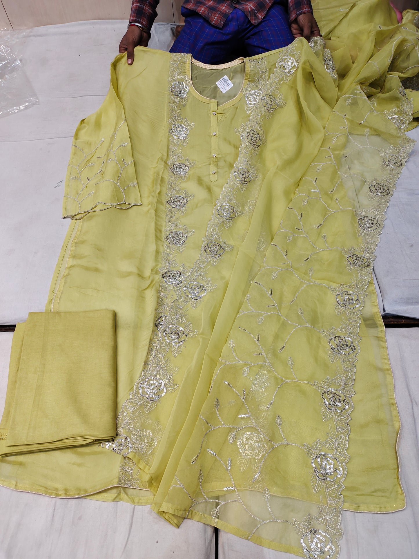 Awesome light yelllow unstitched Salwar suits dress material (free size)