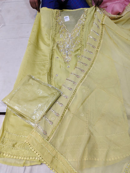 Awesome light yelllow unstitched Salwar suits dress material (free size)