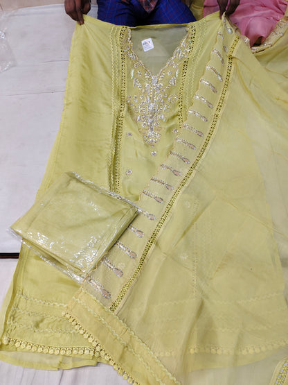 Awesome light yelllow unstitched Salwar suits dress material (free size)