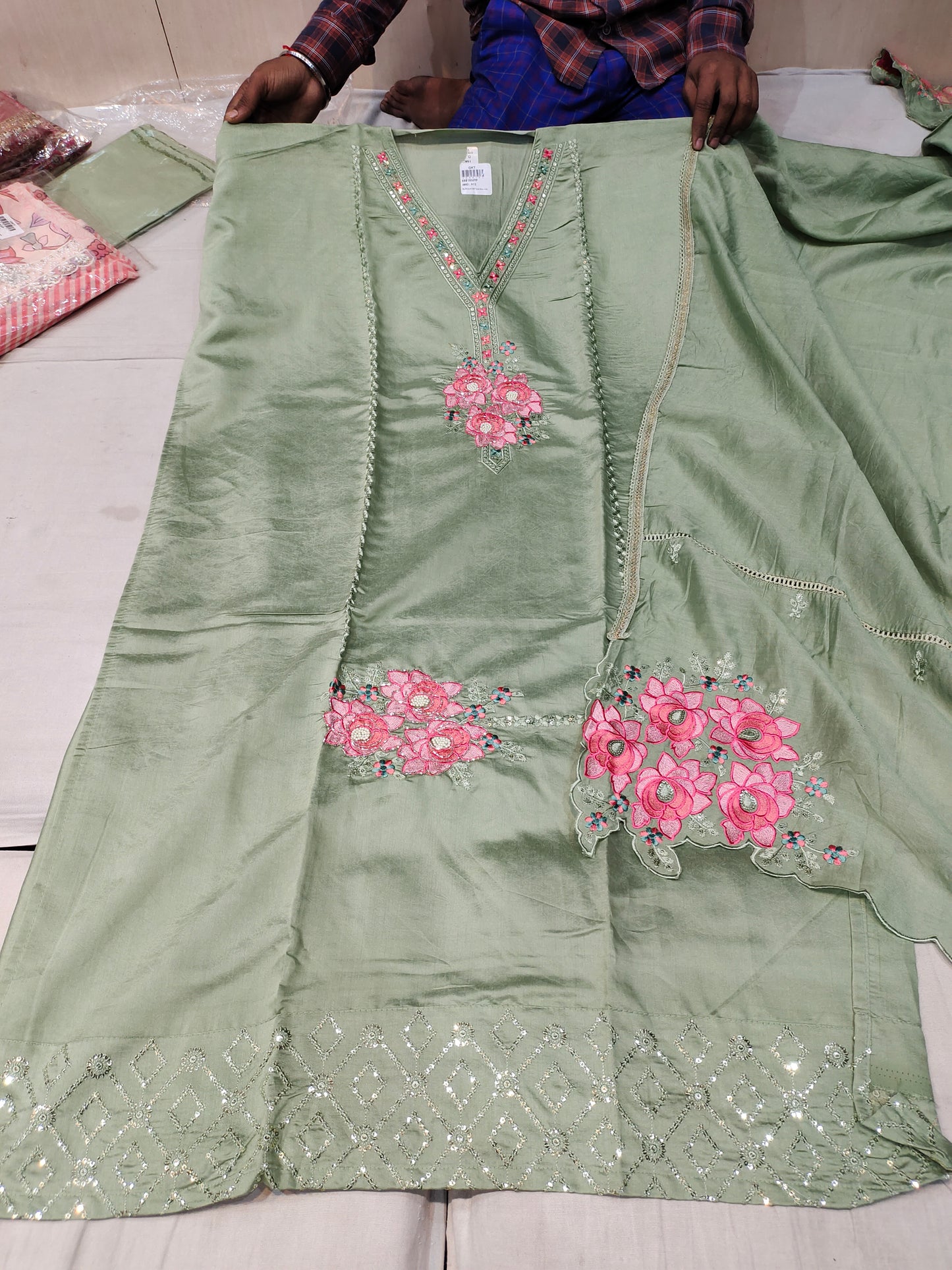 Lovely green unstitched Salwar suits dress material (free size)