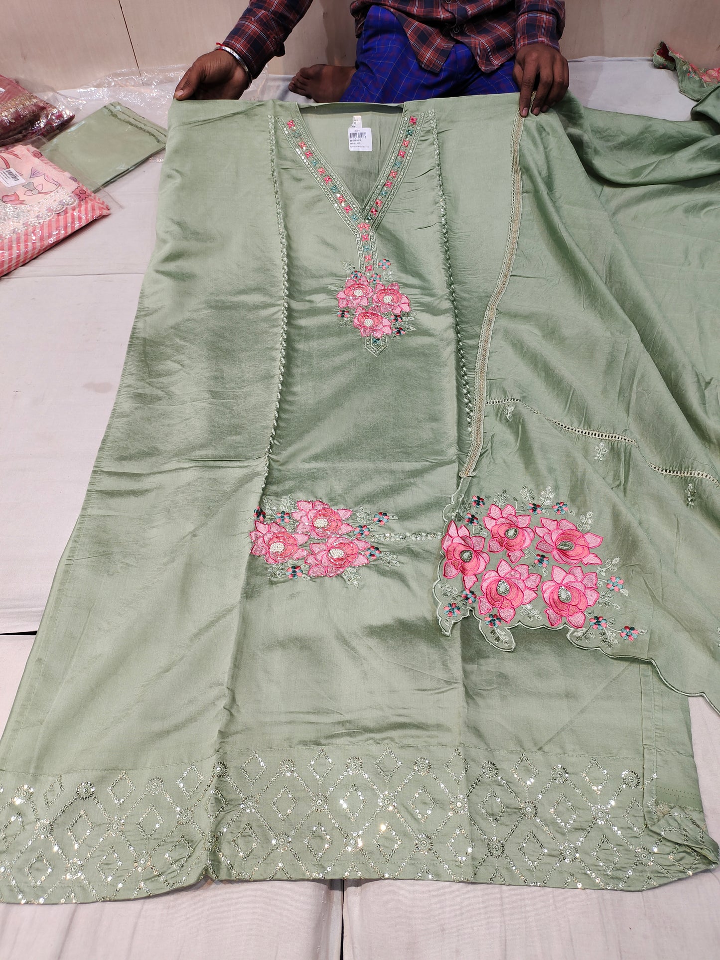 Lovely green unstitched Salwar suits dress material (free size)