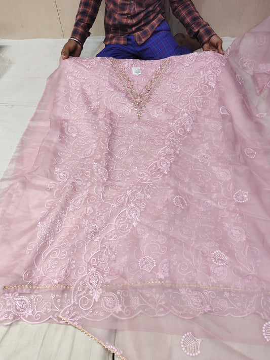 Impresionante material de vestido de traje Salwar sin coser en color rosa bebé (talla única)