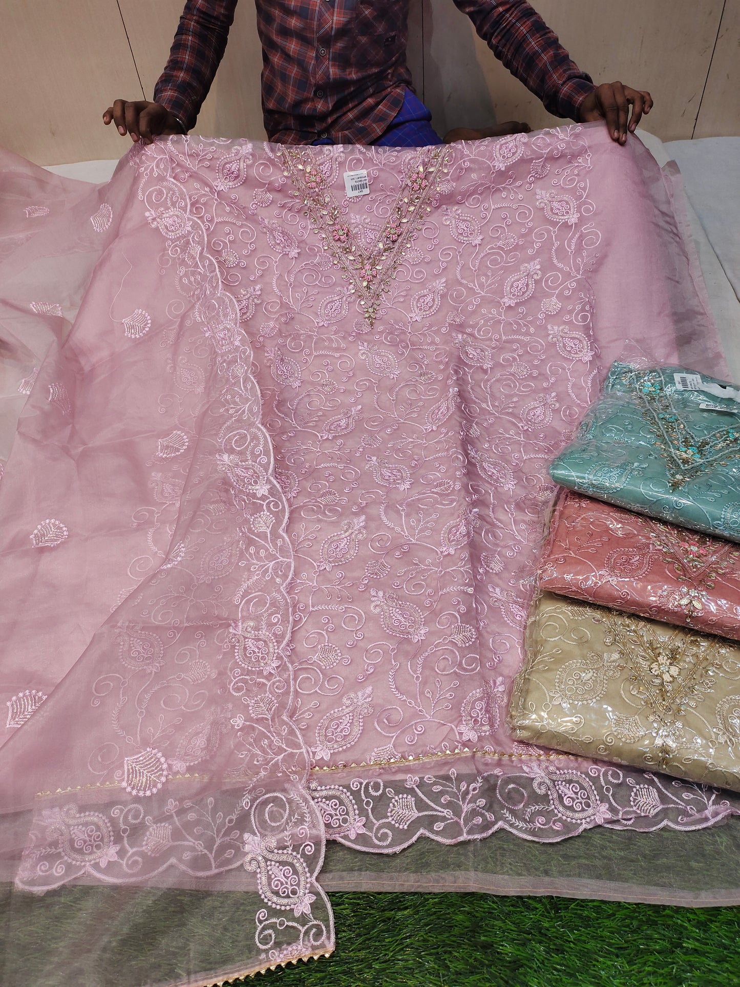 Stunning baby pink unstitched Salwar suits dress material (free size)