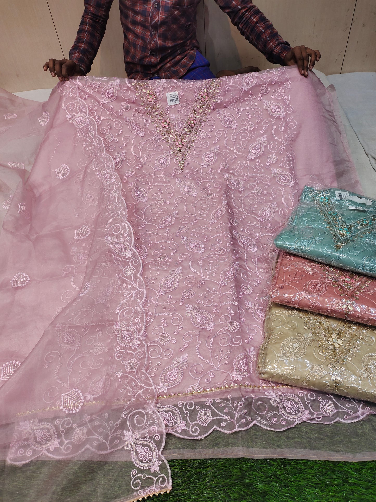 Stunning baby pink unstitched Salwar suits dress material (free size)