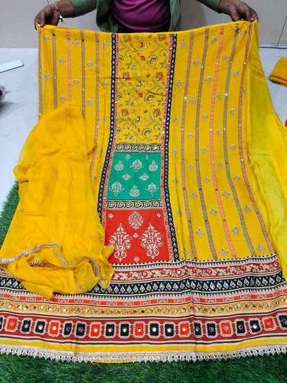 Stunning yellow haldi mehendi unstitched Salwar suits dress material (free size)