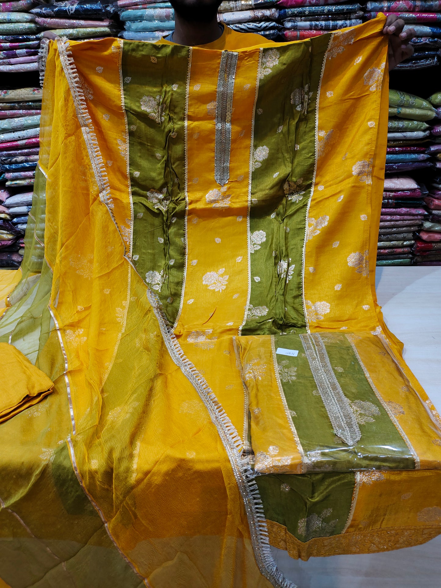 Tremendous yellow green haldi mehendi unstitched salwar suit dress material(free size)