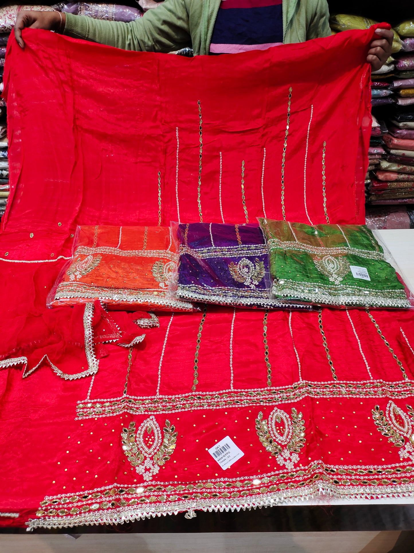 Lovely red unstitched salwar suit dress material(free size)