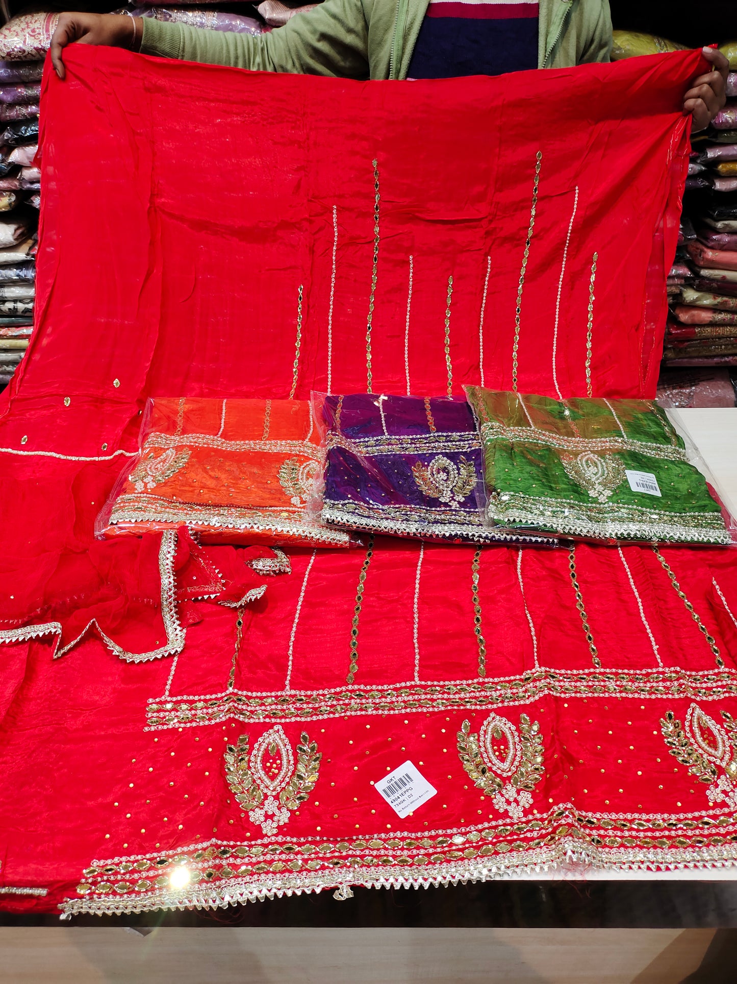 Lovely red unstitched salwar suit dress material(free size)