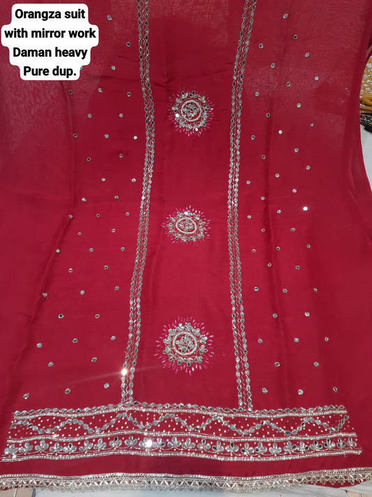 Atractivo traje de organza roja sin coser, material de vestido de traje salwar (talla única)