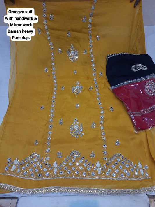 Material de vestido de traje salwar sin coser de organza mehendi haldi amarillo majestuoso (talla única)