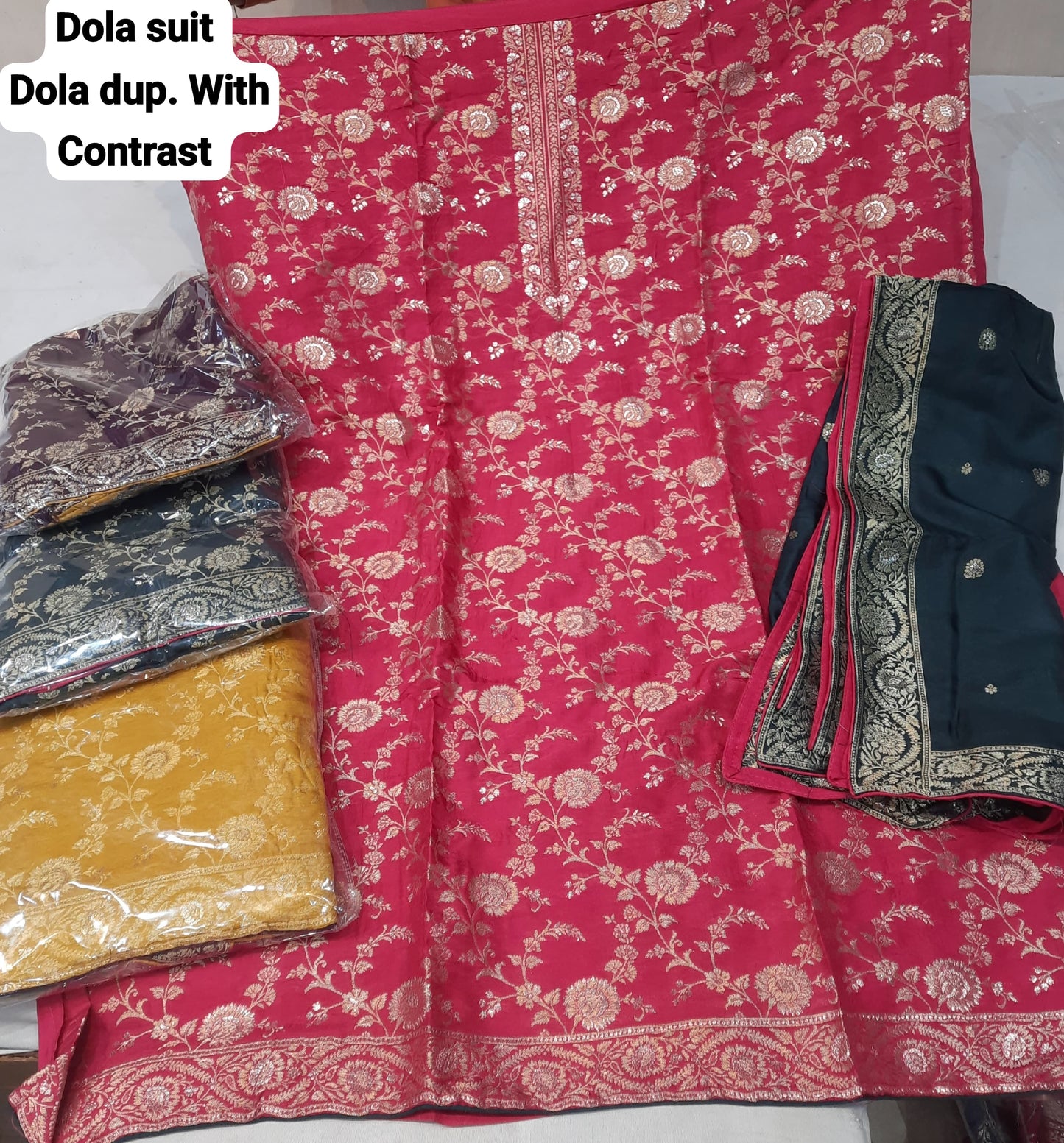 Agradable material de vestido de traje salwar sin coser dola rojo rosa (talla única)