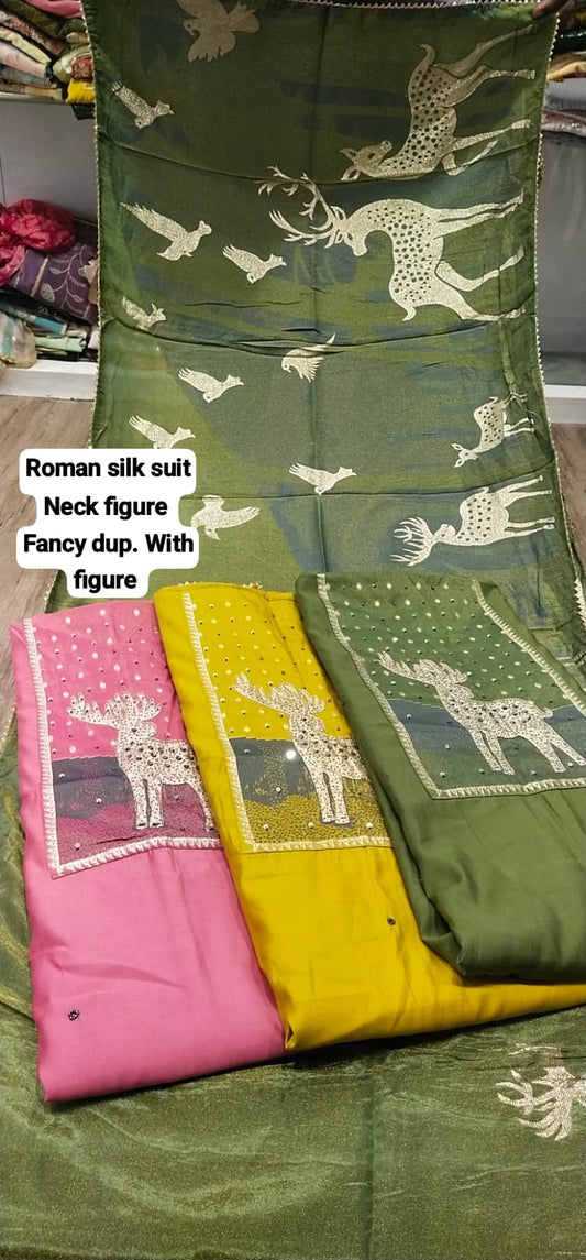 Delicioso material de vestido de traje salwar sin coser de seda romana verde (talla única)