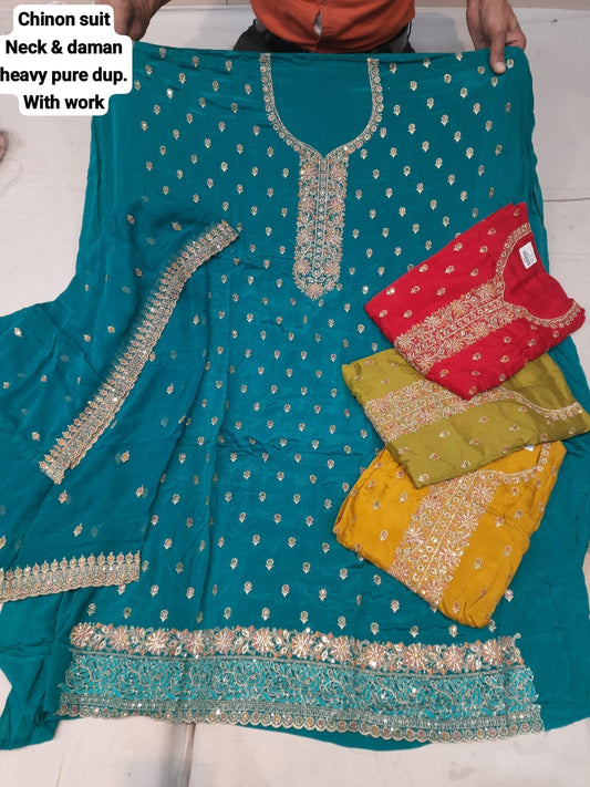 Elegant blue chinon unstitched salwar suit dress material(free size)