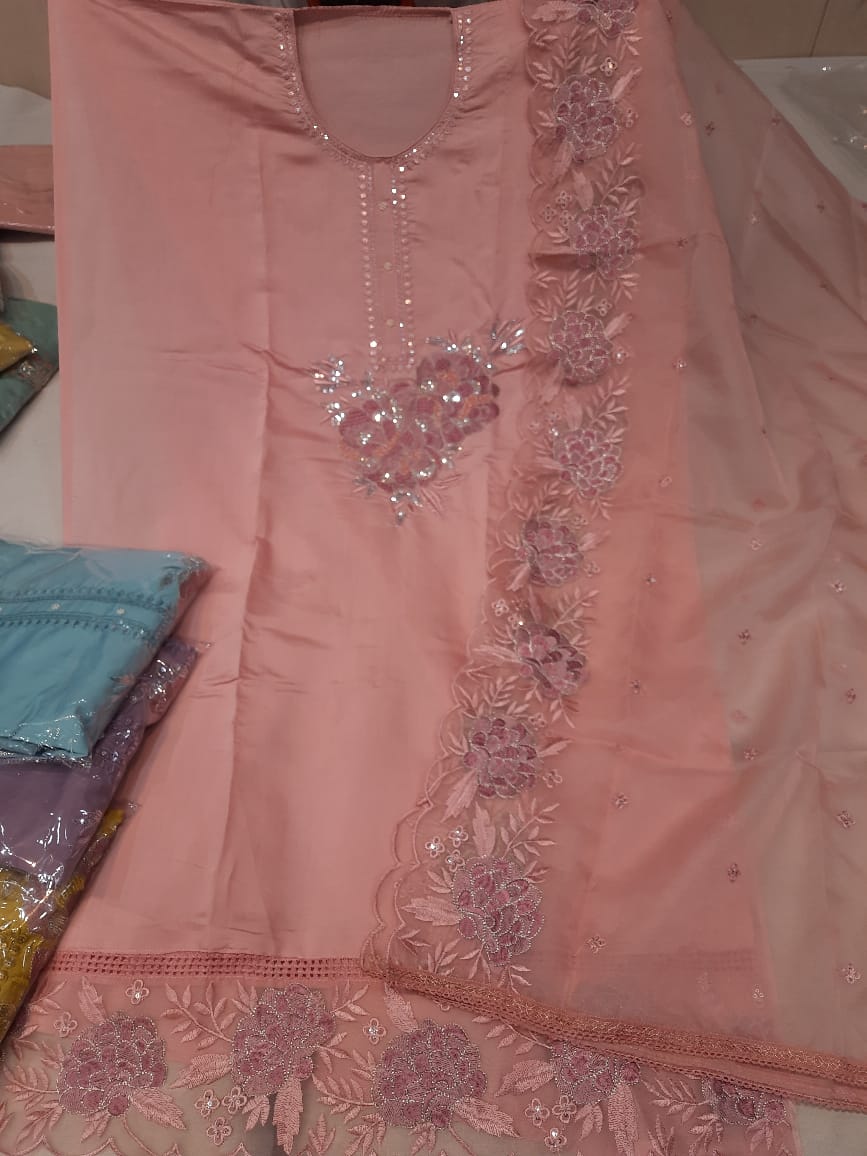 Gorgeous pink unstitched salwar suit dress material(free size)