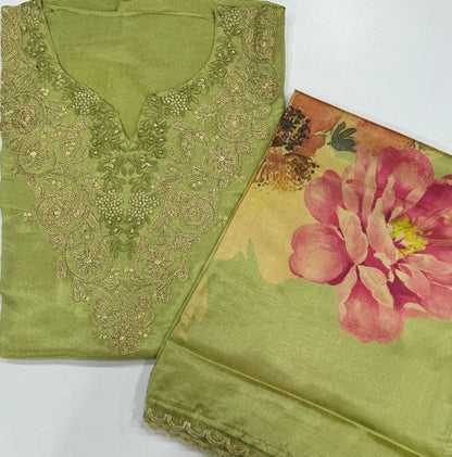 Material de vestido de traje salwar sin costuras verde Khoobsurat (talla única)