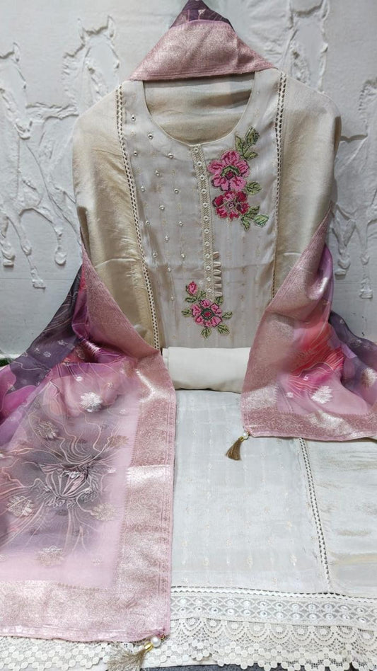 Material de vestido de traje salwar majestuoso blanco rosa sin coser (talla única)