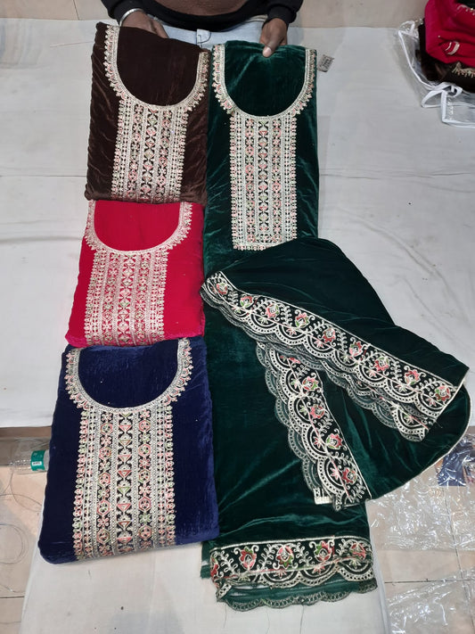 Material de vestido de traje salwar sin costuras de terciopelo verde oscuro de diseñador (talla única)