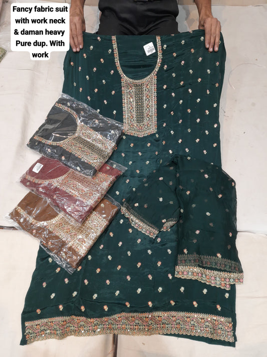 Good looking dark green fancy unstitched salwar suit dress material(free size)