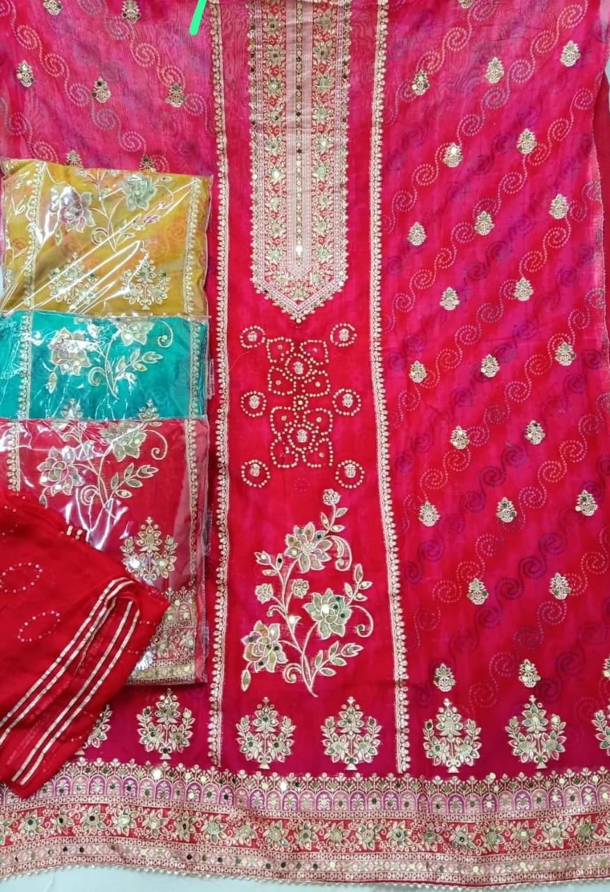 Stunning pink unstitched salwar suit dress material(free size)