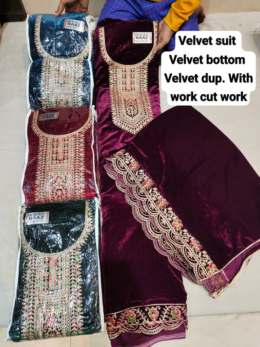 Lavishing maroon velvet unstitched salwar suit dress material (free size)