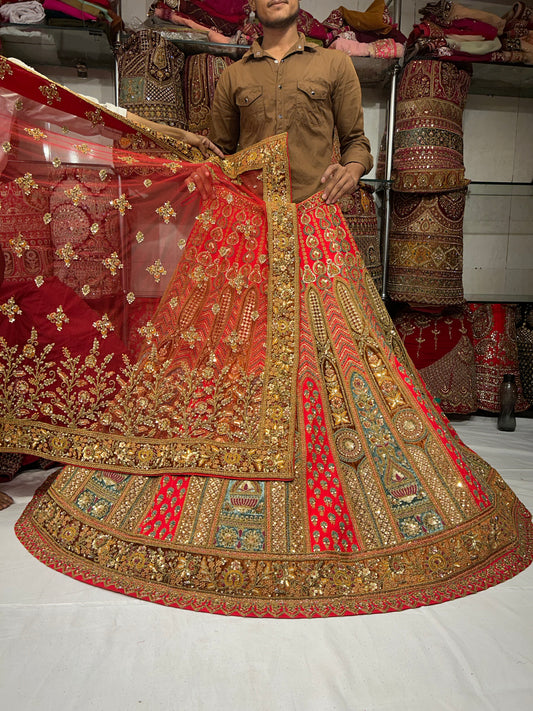 Lehenga naranja y rojo hecha a mano