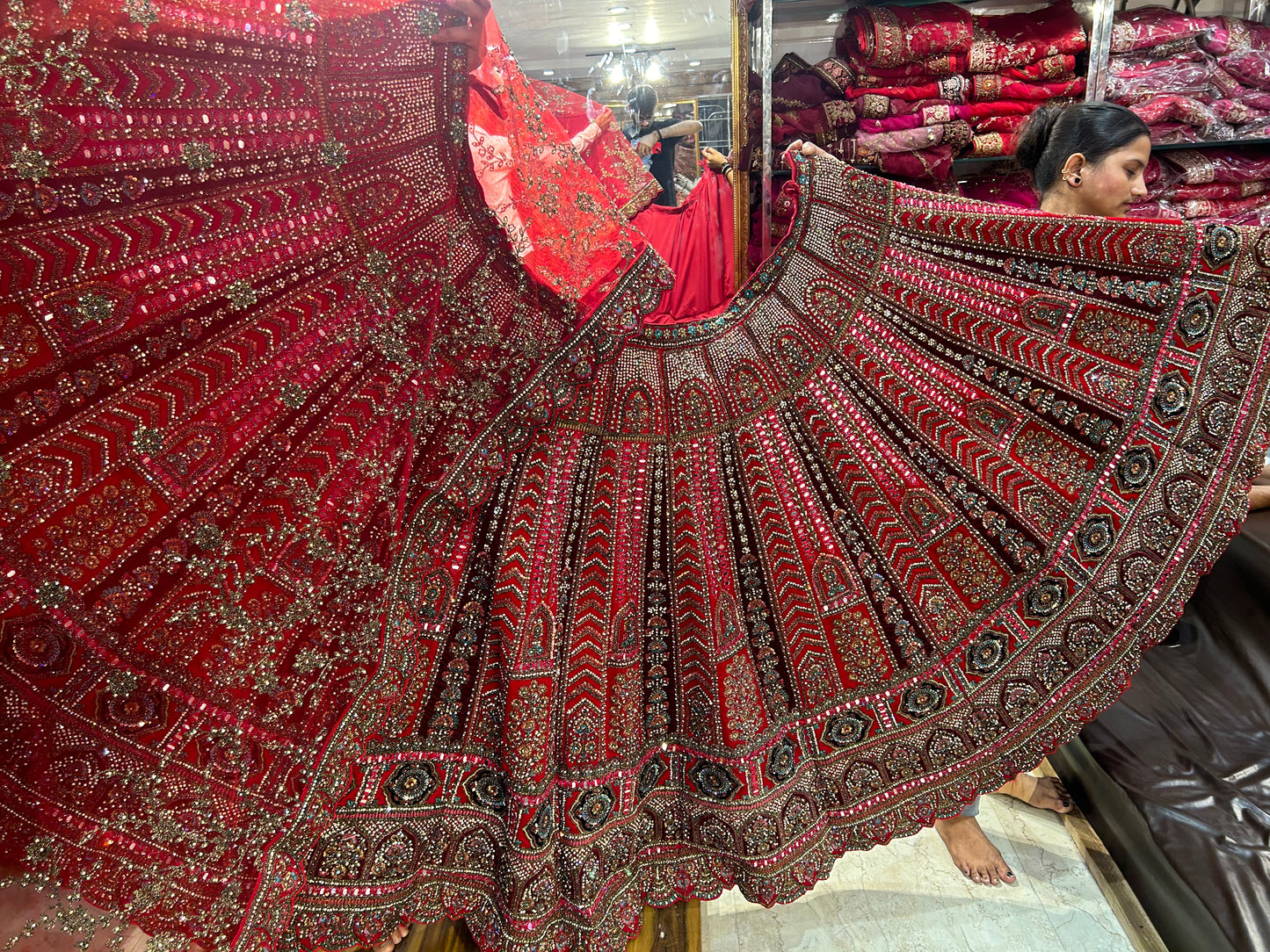 Tremendous red bridal cutwork Lehenga