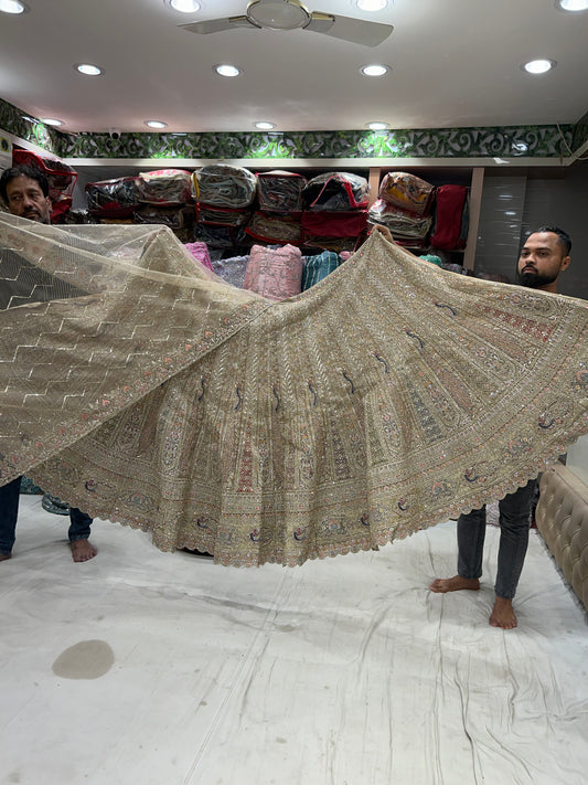 Preciosa lehenga nupcial PDP de Jaisalmer con estampado de pavo real