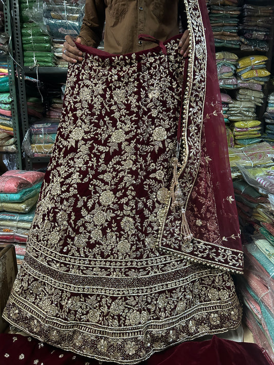 Fantastic maroon handwork dabka zardozi Lehenga