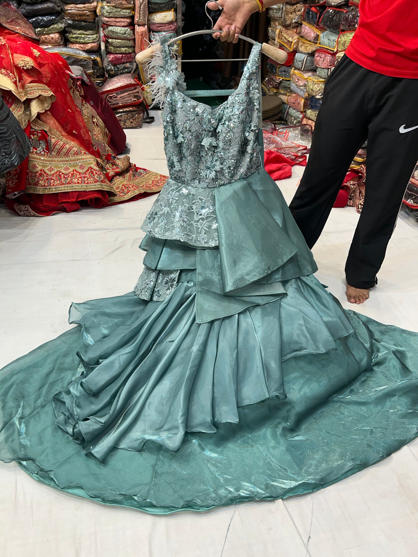 Designer sky blue green Gown