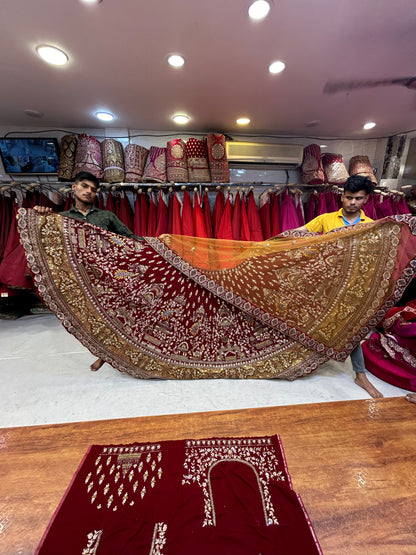 Fabulous Red Pure Handwork Contrast Dupatta Lehenga