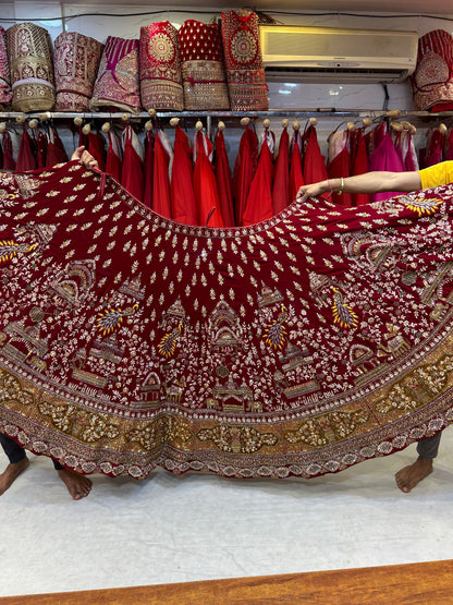 Fabulous Red Pure Handwork Contrast Dupatta Lehenga