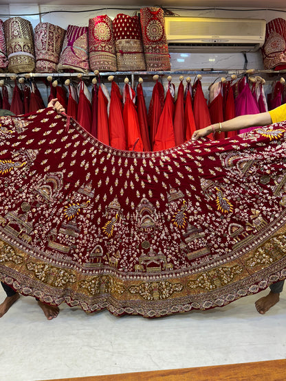 Fabulous Red Pure Handwork Contrast Dupatta Lehenga