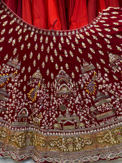 Fabulous Red Pure Handwork Contrast Dupatta Lehenga