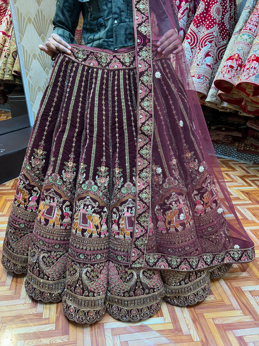 Precioso pavo real granate Doli barat lehenga